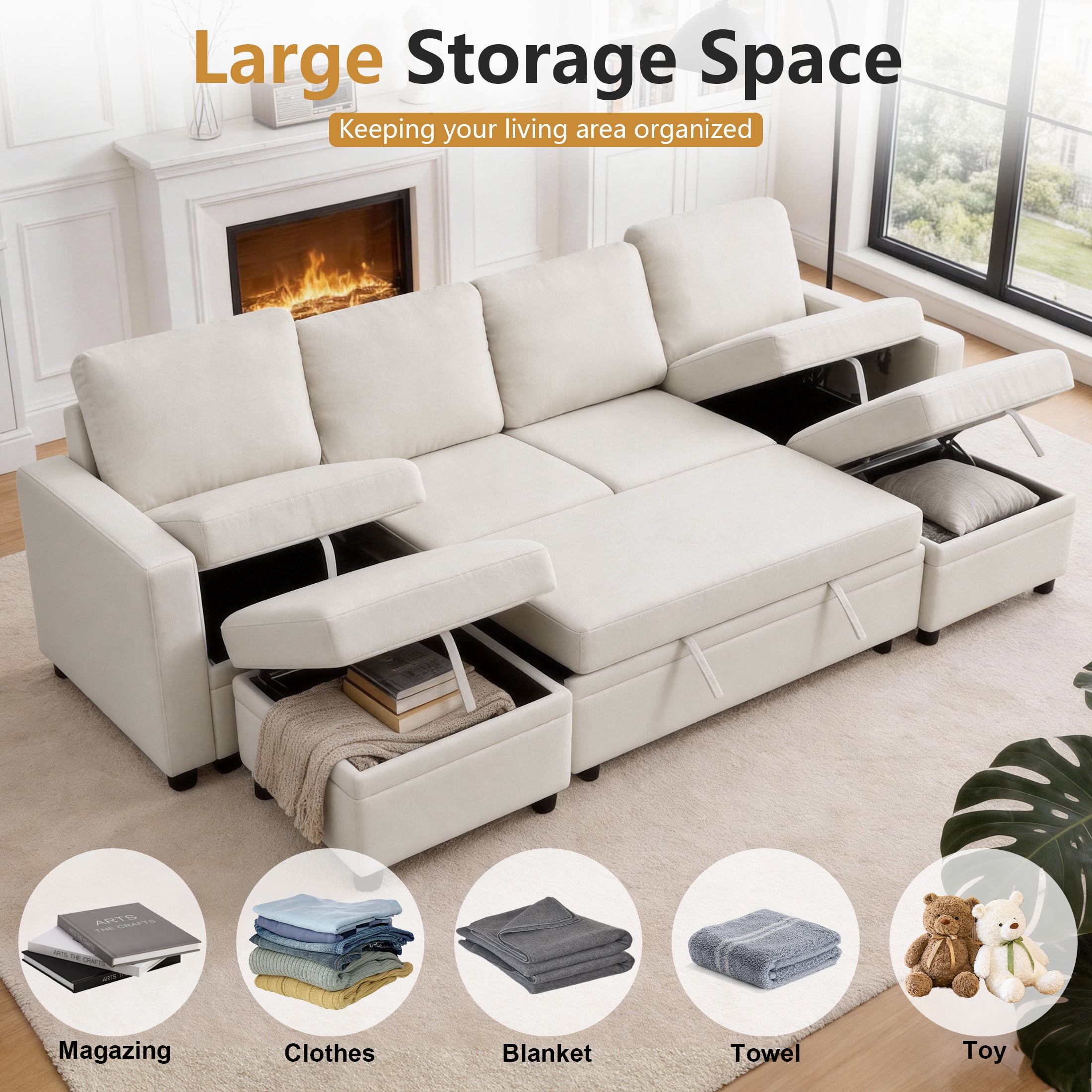AENKYO 102" U-Shaped Sectional Sofa Bed, Linen Pull Out Sleeper Couch with Storage Seats for Living Room，White
