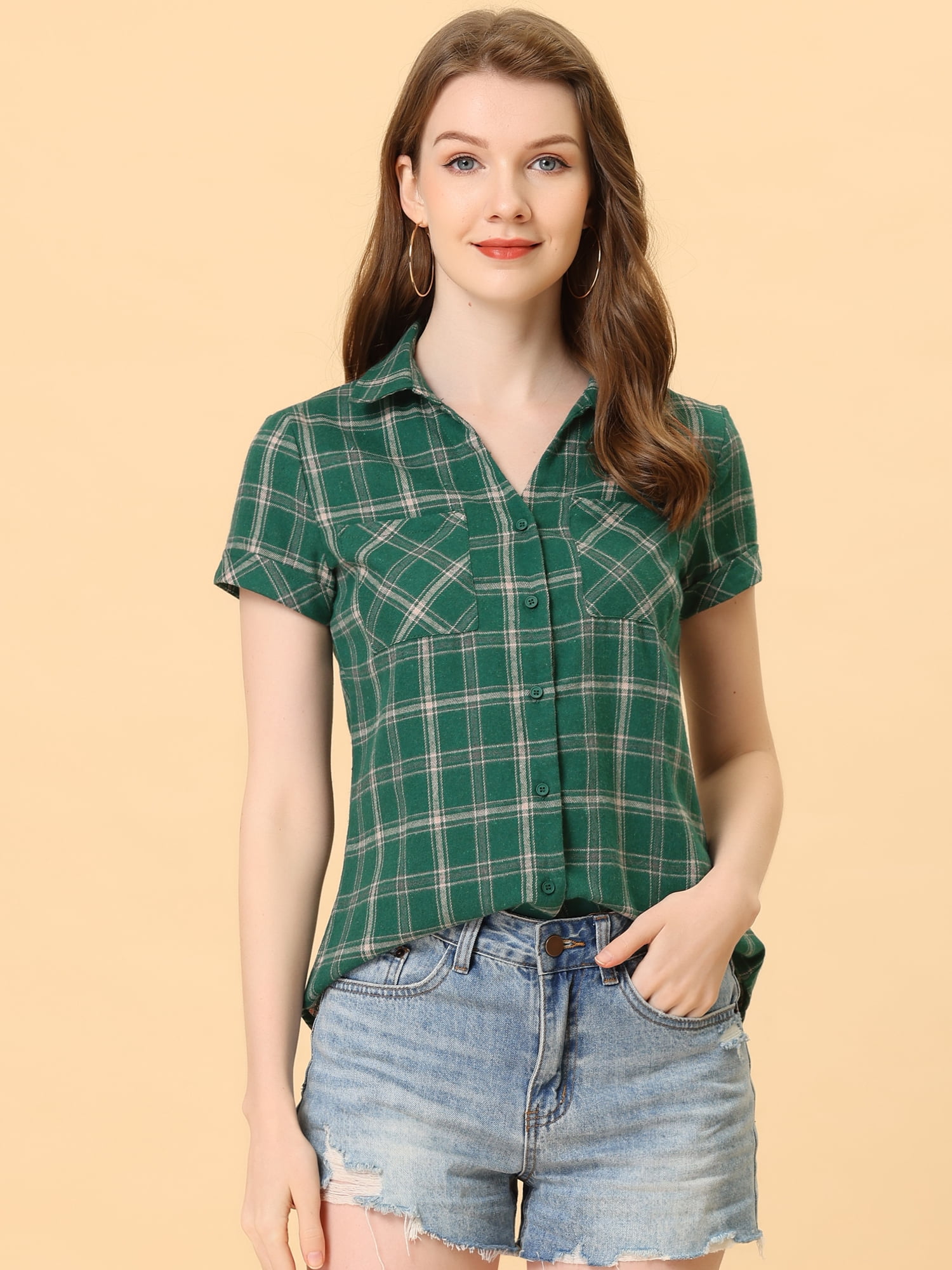 DARING DIVA Women's Casual Boyfriend Plaid Button Down Flannel Shirt L Green Beige