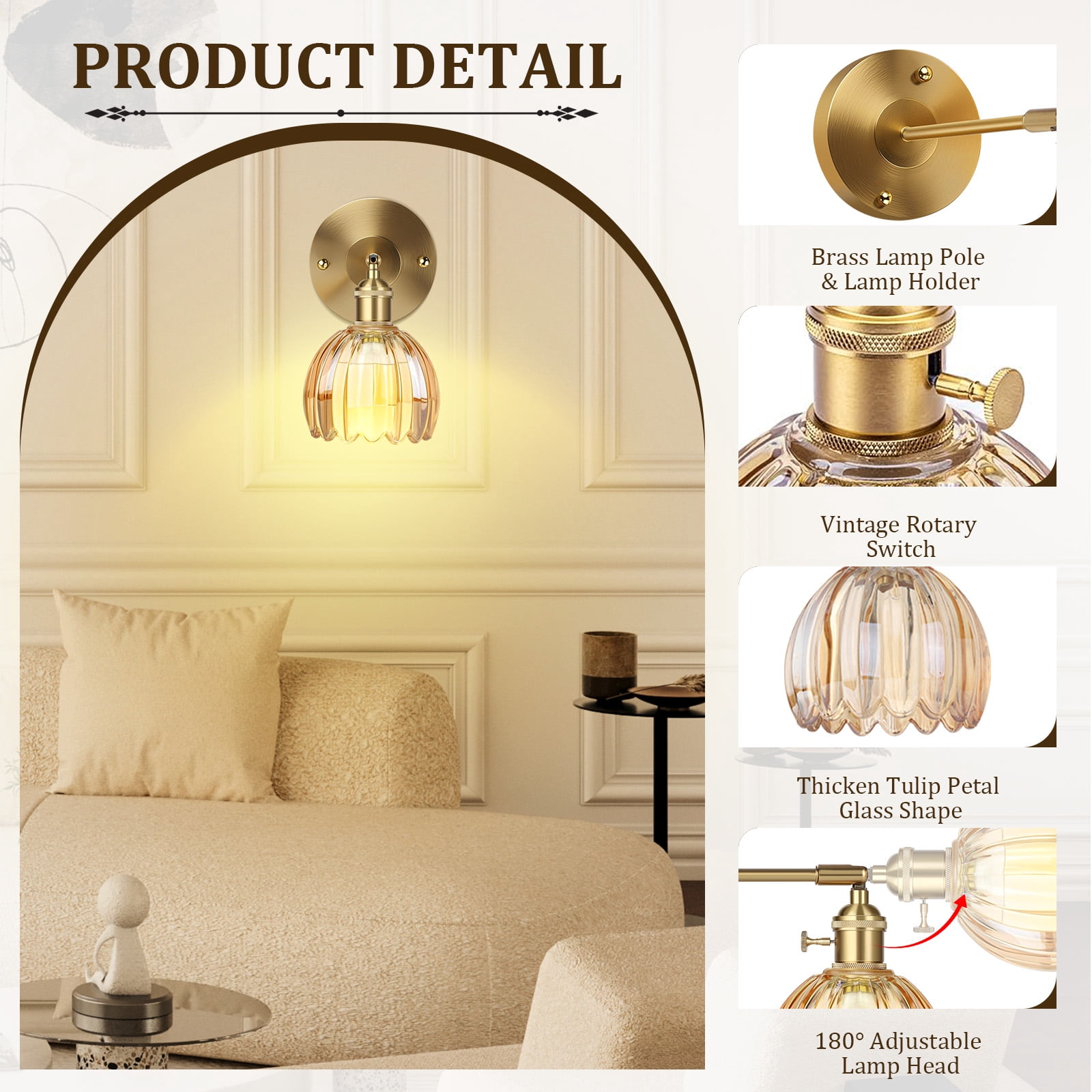 DONGPAI 2 Pack Vintage Battery Operated Wall Sconce with Amber Tulip Glass Lampshade Wireless Rechargeable Wall Light with Remote Control for Bedside Bedroom Doorway