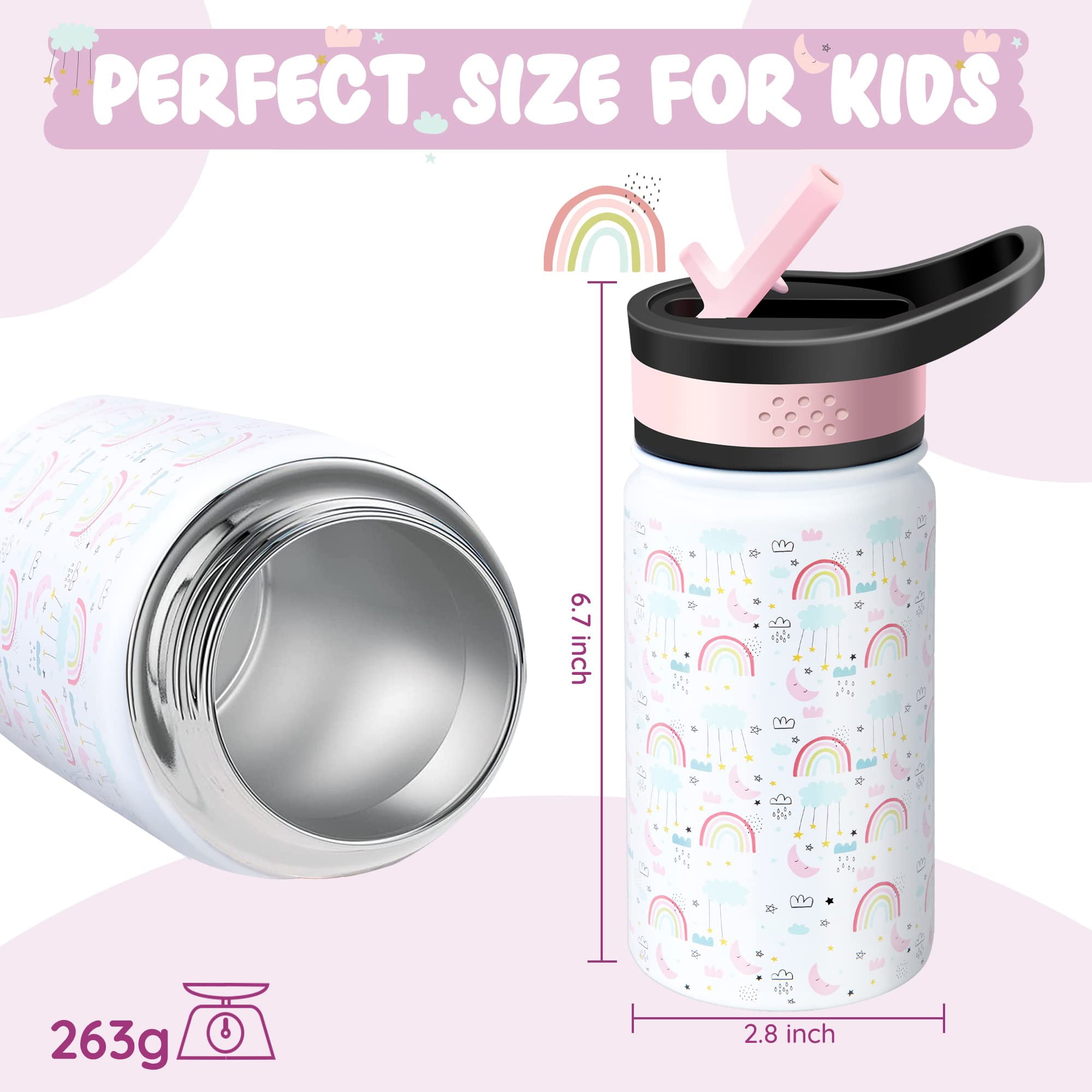 Cute Flowers Girls Water Bottle with Straw and Carry Handle Rainbow Pink  Green Purple Vacuum Insulated Stainless Steel Bottles Leak-Proof for Boys