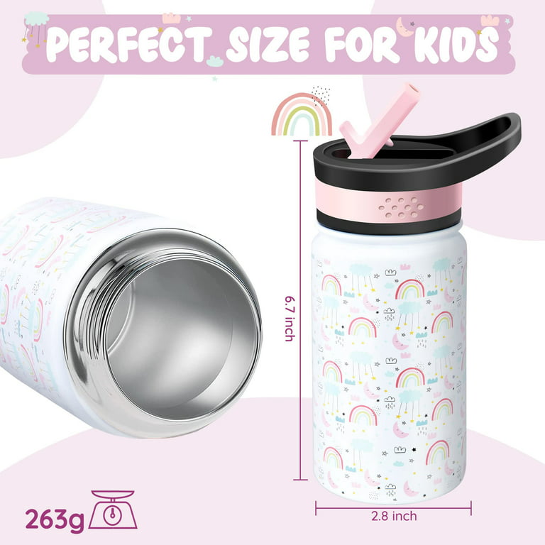 Softlife Insulated Kids Water Bottle,Double Wall Vacuum Stainless Steel  Girls School Leakproof Thermos Water Bottle with 2 Straw Lids,Portable Kids  Cup for Travel Sports Camping,14oz,Rainbow Pattern 