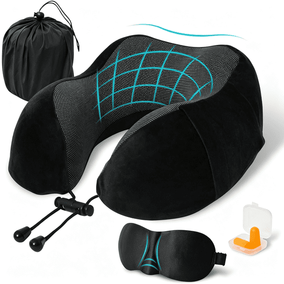LQSEO Travel Pillow, Memory Foam Neck Pillow for Traveling, U Shape Neck Pillow Airplane Portable Flight Pillow Travel Kit with 5D Contoured Eye Masks and Earplug for Plane Train Car Home Office
