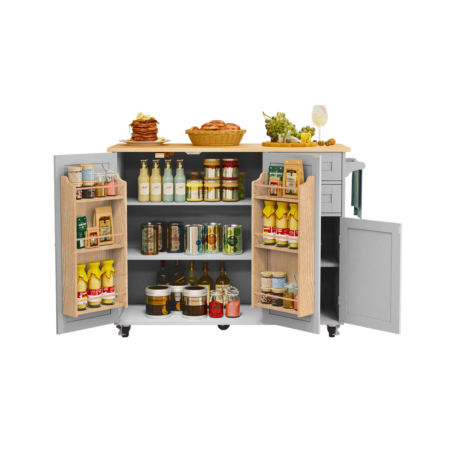CBJCBJ 50.4" Kitchen Island with Storage, Wood Top Cart with Drop Leaf and Wheels, Gray