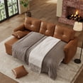 thumbnail image 3 of Muumblus Convertible Pull Out Sofa Bed, L-Shaped Sectional Sleeper Couch with Storage Chaise, Vintage Faux Leather Look, Brown Polyester Fabric, 3 of 11
