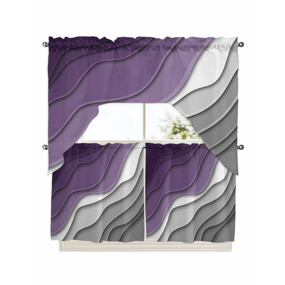 Purple Grey Ombre Kitchen Curtains Swag Valance and Tier Curtains Set 24 Inch Length, Modern Geometric Abstract Aesthetics Cream Rod Pocket Drape Panels Pair Swag Curtains for Bathroom/Cafe/Window