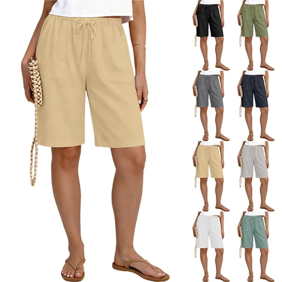 Bloomae Womens Bermuda Shorts Lightweight Casual Knee Length Elastic Waist Drawstring Shorts Trendy Summer Beach Vacation Short Pants with Pockets White S