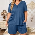 thumbnail image 4 of Domzest Womens Plus Size Short Pajama Sets V Neck Button Up Top & Drawstring Elastic Waist Shorts with Pockets 2026 Summer Loose Fit Sleepwear Sets Blue L, 4 of 7