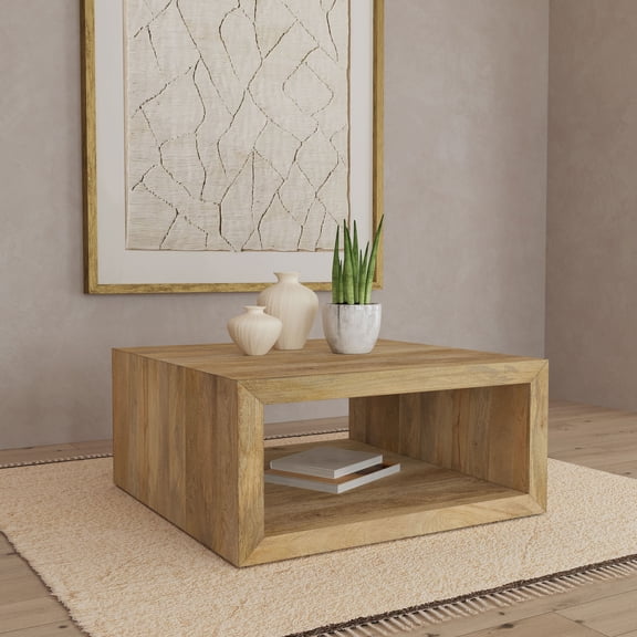 Coffee Table, Solid Mango Wood Square Center Table with Open Storage, Rustic Natural Brown Finish, 39"W x 39"D x 18"H, Freestanding Large Surface for Primary Living Room Space