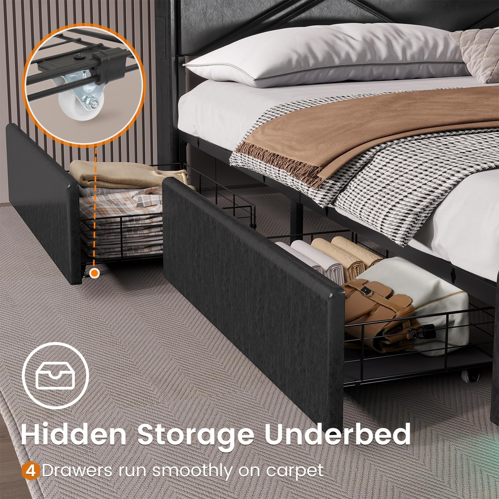 MODERNLUXE King Size Upholstered Bed With 360 Surround LED Lights Hydraulic Storage Bed Buttons Apps Remote Control Usb Charging Station No Box Spring Nee