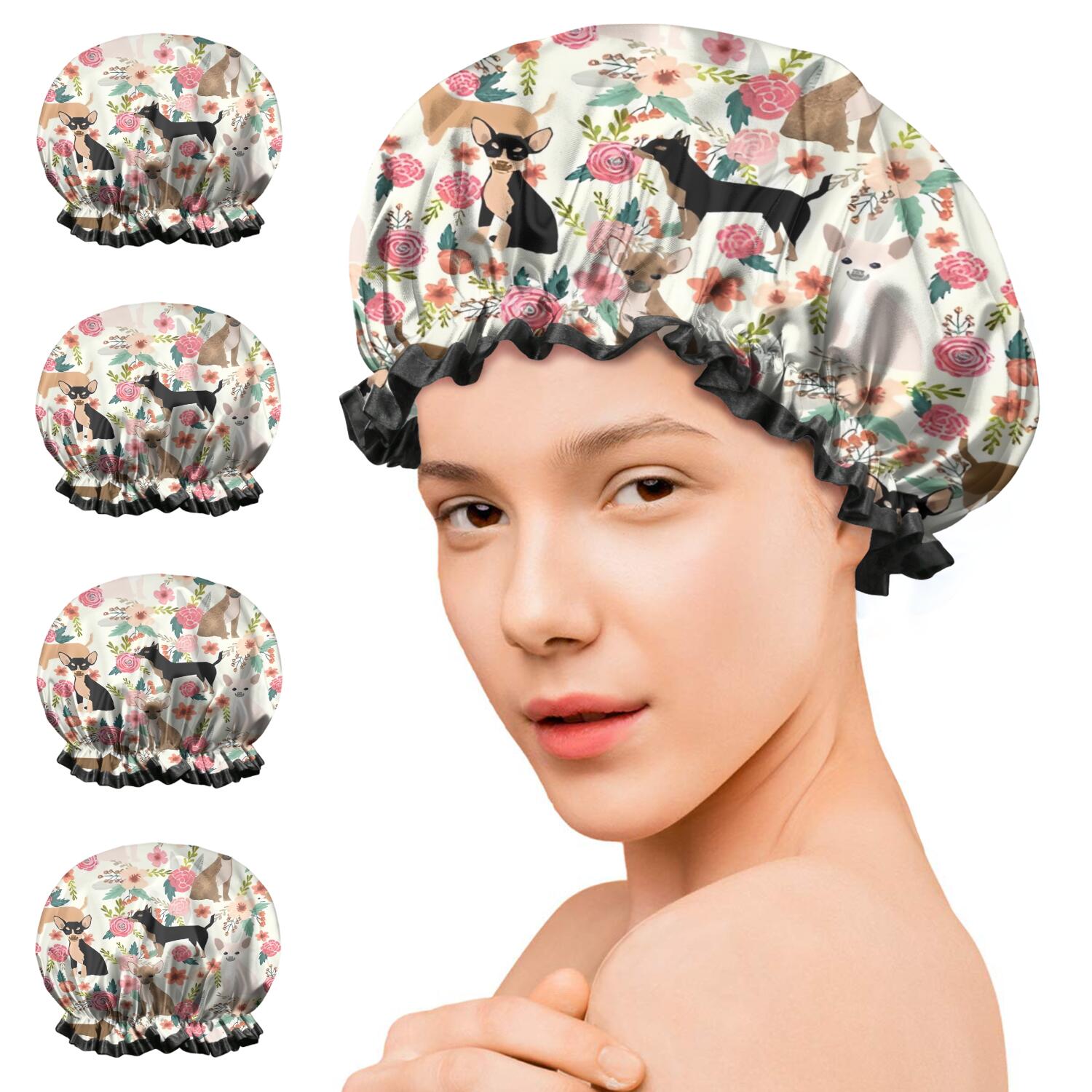 Shower Caps,Chihuahua and Pioneer Flower Waterproof Shower Cap for Women 4 Pieces,Double Reusable Hair Cover for Shower PEVA Elastic Stretch Hem