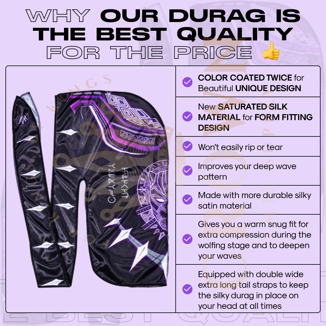 Premium Silky Durag with Long Tails and Quadruple Stitching - Satin Smooth Silk Fabric Durags for Comfort and Compression (Black Pnther) - image 2 of 7