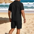 thumbnail image 5 of Eryao Big and Tall Gym Training Sets for Men Summer 2 Piece Beach Linen Outfits Button Down Short Sleeve Lapel Shirts Matching Drawstring Waist Shorts with Pockets,Black,M, 5 of 6