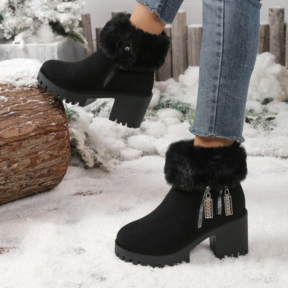 Bnwani Women Boots Ankle Fall Winter Fashion Mid-Heel Thick Chunky Velvet Fleece Warm Versatile Casual Sweet Boot Black Size 5.5
