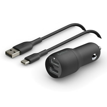 Belkin 24 Watt Dual USB Car Charger - 2 12W USB A Ports with USB-C Cable for Fast Charging