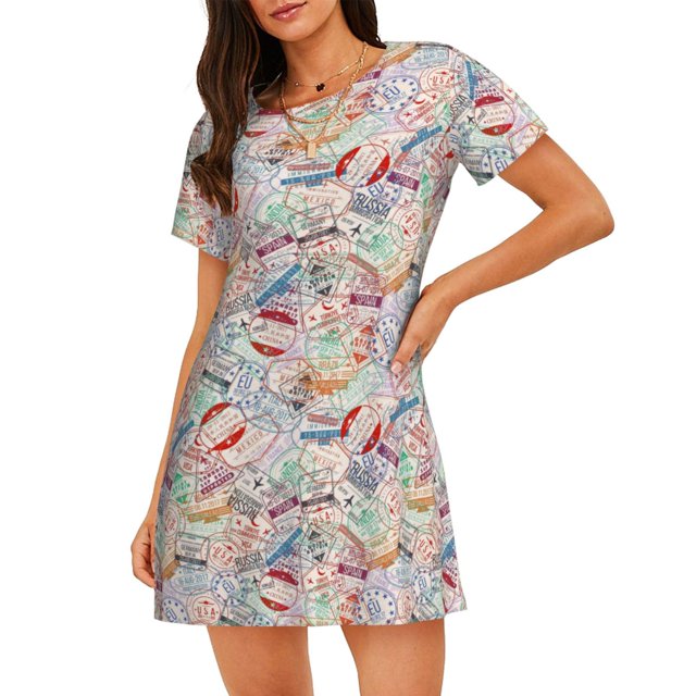 Fotbe Passport Stamp Bata de Dormir para Mujer con Estampado, Camisón de Algodón de Manga Corta, Ropa de Dormir Casual