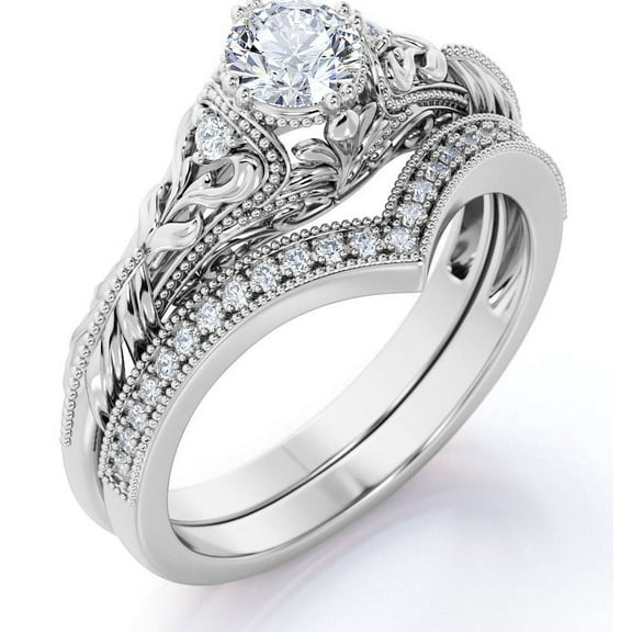 JeenMata Engraved 0.68 Carat Round Cut Real Diamond Victorian-Inspired Wedding Ring Set with Chevron Wedding Band in 10k White Gold