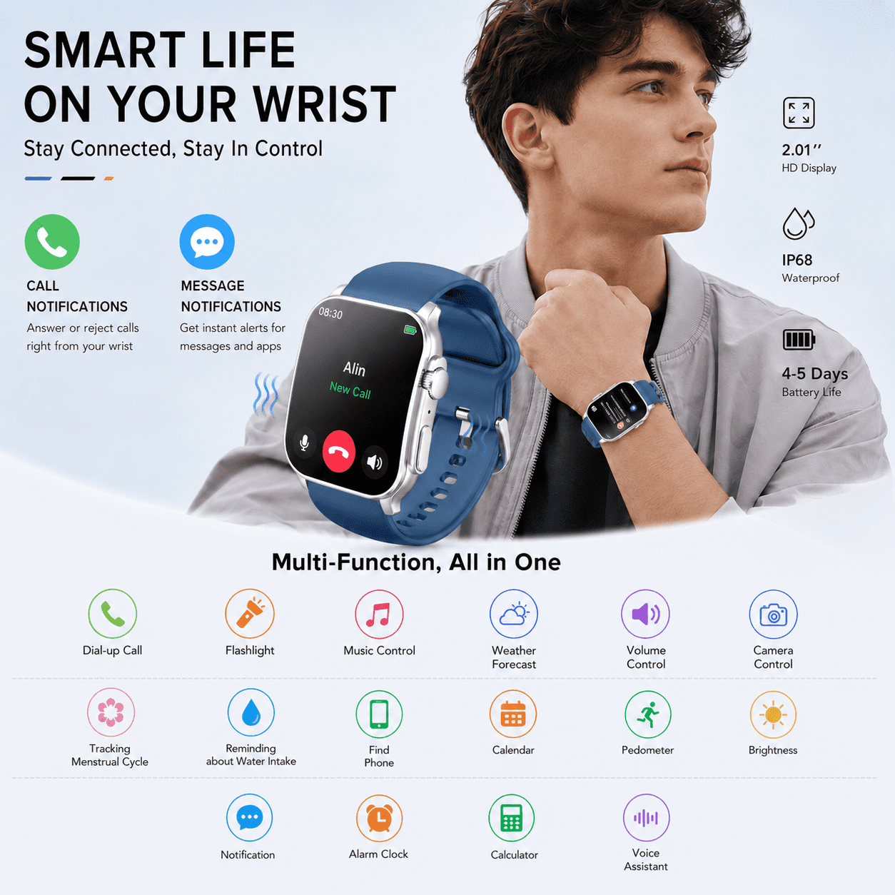 Smart Watch Fits for Android and iPhone, 2.01" AMOLED Screen, Bluetooth Calls/Answer, Fitness Tracker, 110+ Sport Modes, Smart Watch for Men Women, IP68 Waterproof Smartwatch, Gifts for Dad