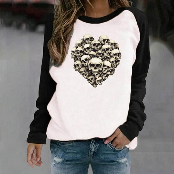 HOOJT Halloween Sweatshirts for Women Oversized Loose Long Sleeve Shirts Fall Round-Neck Blouses Cute Funny Printed Sweaters Crewneck Pullover Top Halloween Costumes