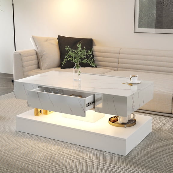 PAPROOS LED White Coffee Table 39" with 2 Drawers & Open Shelf – Modern High Gloss Center Table with Storage, Large Rectangle Living Room Coffee Table with Marble Print