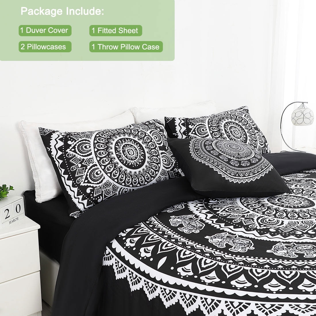 PiccoCasa 5-Piece Bohemian Duvet Cover Set Polyester Bedding Set Queen Black