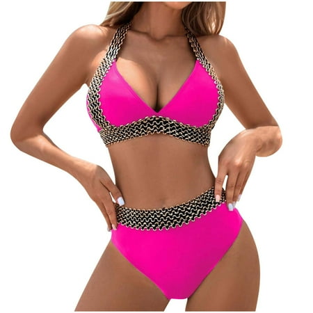 Ecqkame 2025 New Two Piece Bikini Suit Women s High Waist Thong Bikini Sets Gathered Sexy Bathing Suit Pink XL on Clearance