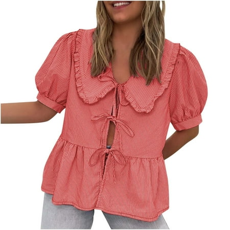 ZyeKqe Womens Striped Shirt Lace up Cute Babydoll Tops Puff Sleeve Blouse 2025 Summer Clothes