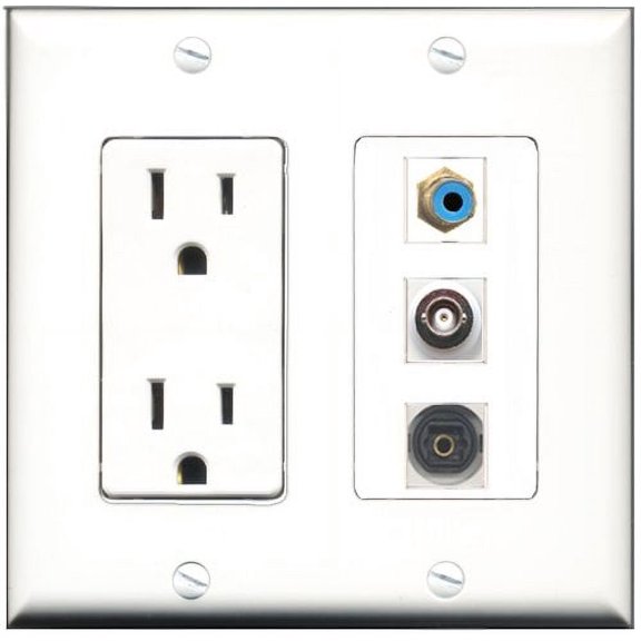 RiteAV - 15 Amp Power Outlet 1 Port RCA Blue 1 Port Toslink 1 Port BNC Decorative Wall Plate