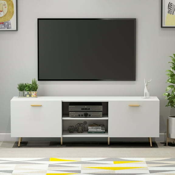 MONSLIPA Entertainment Center with Storage Shelves and Cable-management, TV Stand TV Cabinet with Gold Metal Legs for Living Room White