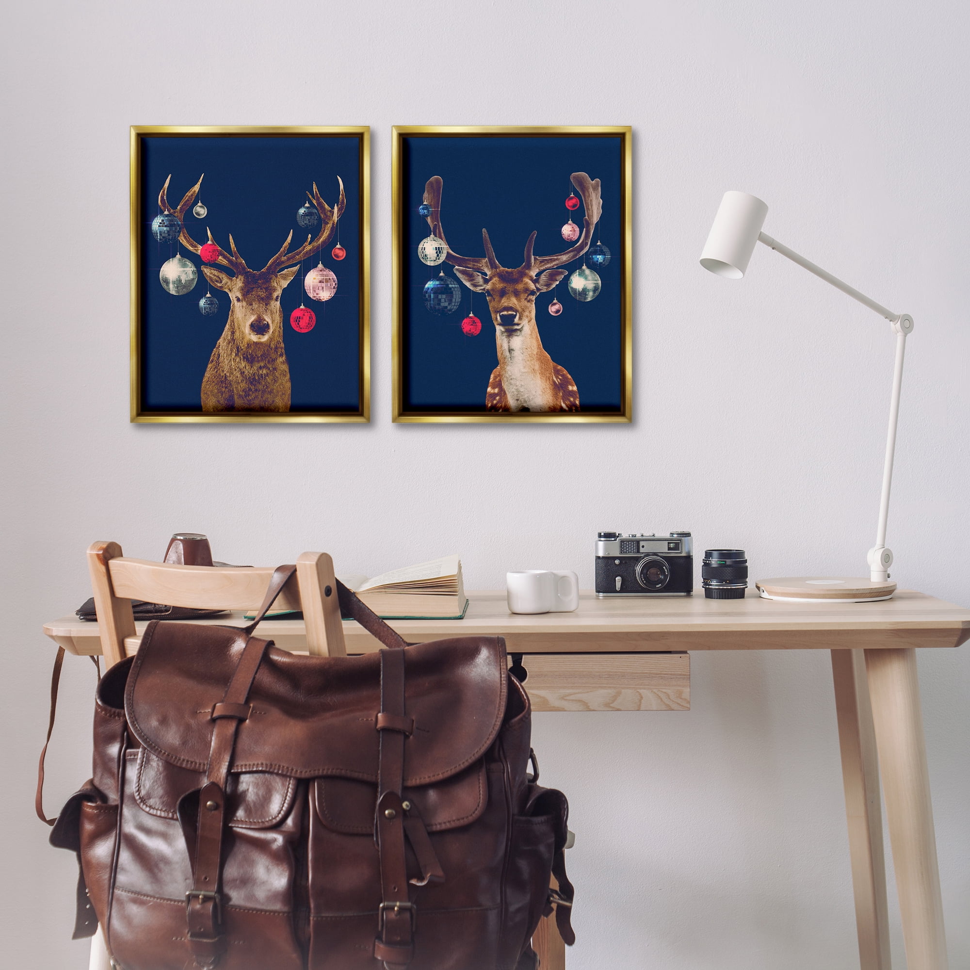 Stupell Industries Navy Brown Disco Deer Holiday Painting Gold Floater Framed Canvas Art Print Wall Art, 17 x 21, Set of 2