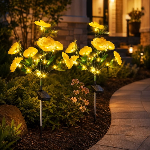 Maspost 7 Head Yellow Solar Camellia Flower Lights Outdoor, LED Waterproof Garden Stake Lights with Auto on/off for Yard Lawn