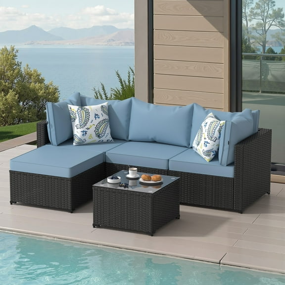 Phonjoroo 5PCS Patio Furniture Sets All Weather Outdoor Sectional Sofa Manual Weaving Wicker Rattan Outdoor Conversation Set with With Cushion And Glass Table, Light Blue
