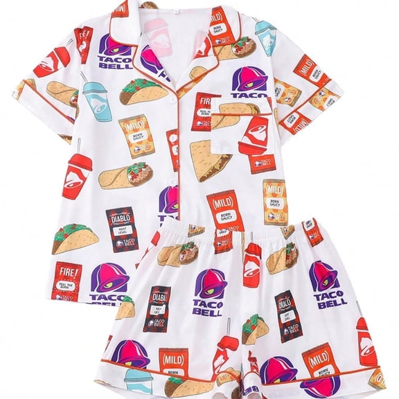 pj sets for women 2pcs Women Sleepwear Set, Pattern Printed, Fashionable Outfit For Holiday Party, Short Sleeve Shirt With Collar & Button And Elastic Shorts, Casual Loungewear For Outdoor & Indoor