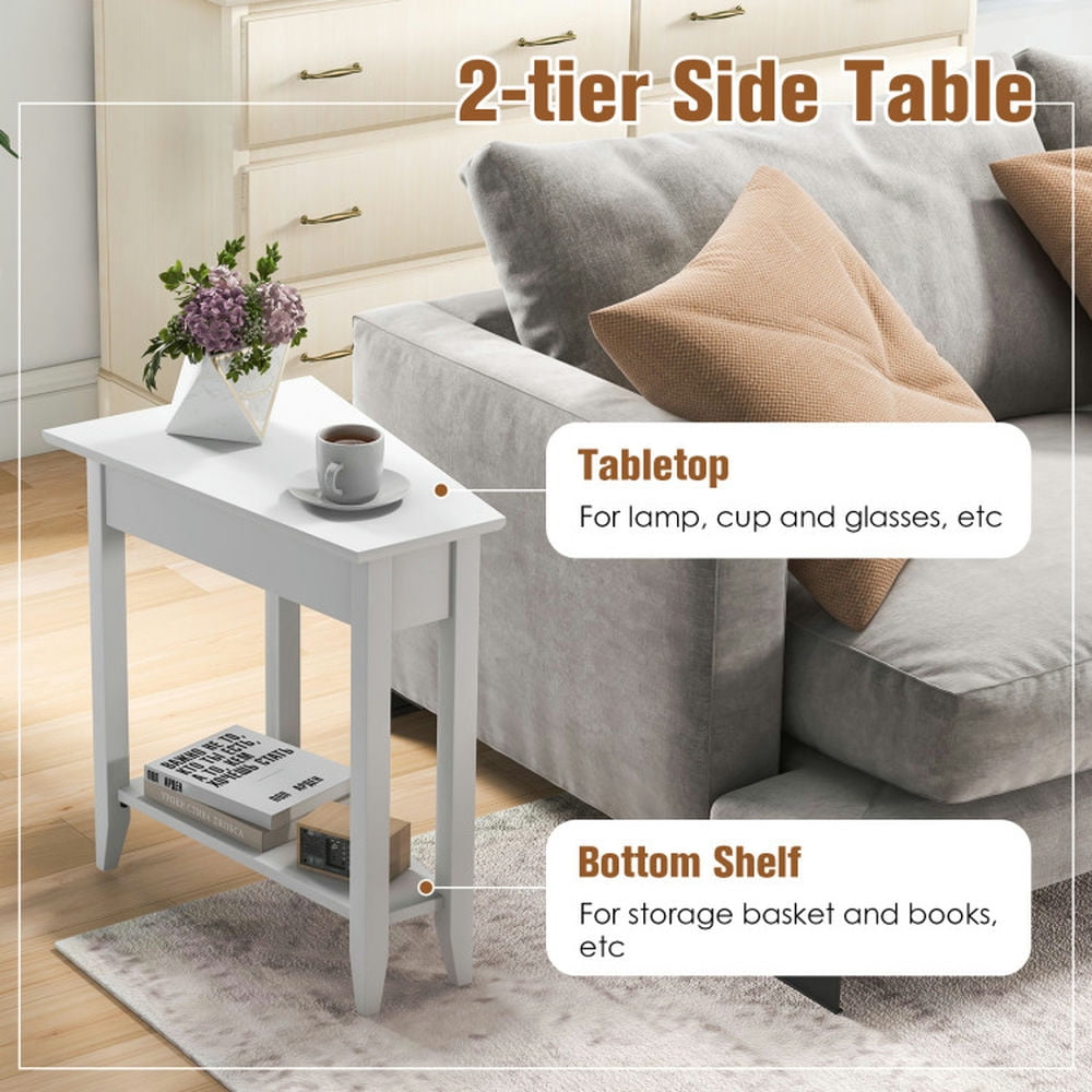 Finihen End Table, 2-Tier Wedge Narrow End Table with Storage Shelf and Solid Wood Legs, Sofa Side Table, Bed Side Table, for Living Room, Bedroom, White Finihen End Table, 2-Tier Wedge Narrow End Table with Storage Shelf and Solid Wood Legs, Sofa Side Table, Bed Side Table, for Living Room, Bedroom, White