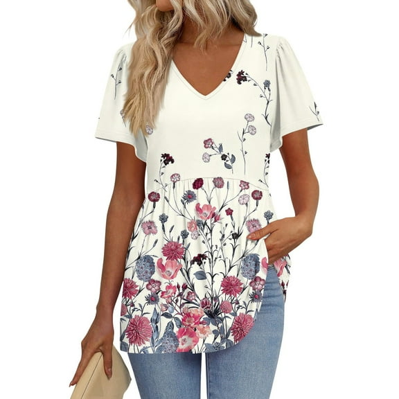 TQWQT Maternity Shirts for Women Short Sleeve Peplum V-Neck T-Shirt Fashion Casual Tunic Top Puff Sleeve Floral Blouse Plus Size Maternity Clothes Beige L