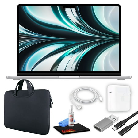 Apple MacBook Air 13" Laptop (M2 Chip, 8-Core CPU, 8GB RAM) (Mid 2022, 512GB SSD, Silver) (MLY03LL/A) Bundle with Black Zipper Sleeve, USB-C Extension Cable, and Screen Cleaning Kit (Refurbished)