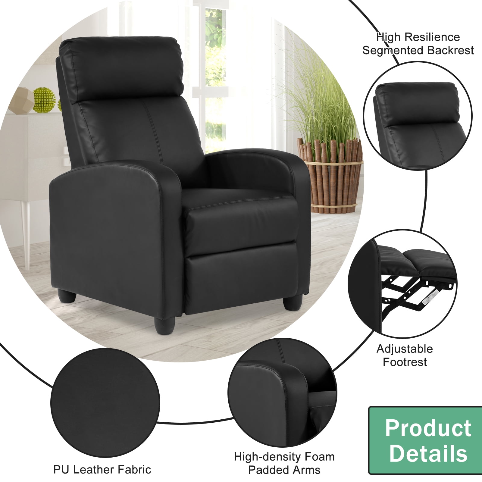 Recliner Chair Ergonomic Adjustable Single PU Leather Sofa with Thicker Seat  Cushion