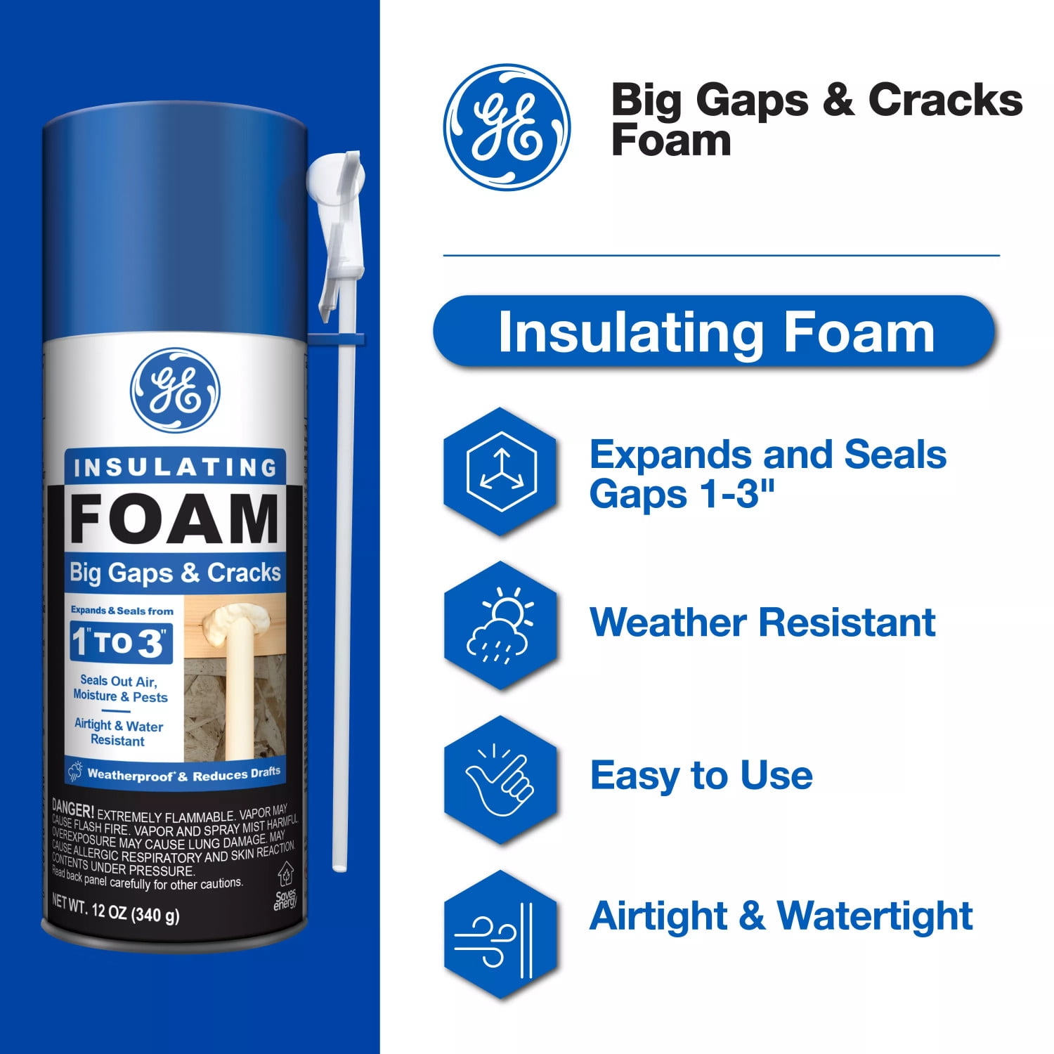 (4 pack) GE Big Gaps & Cracks Insulating Foam, Pack of 1, Yellow 12 oz Can