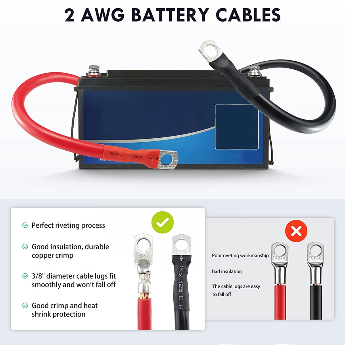 verlacod 2AWG 2inch Gauge Battery Cable Set with 3/8inch Lugs Durable Battery Power Inverter Cable Professional Copper Power Inverter Wire Boat Battery Cable for Car Marine Solar RV Boat