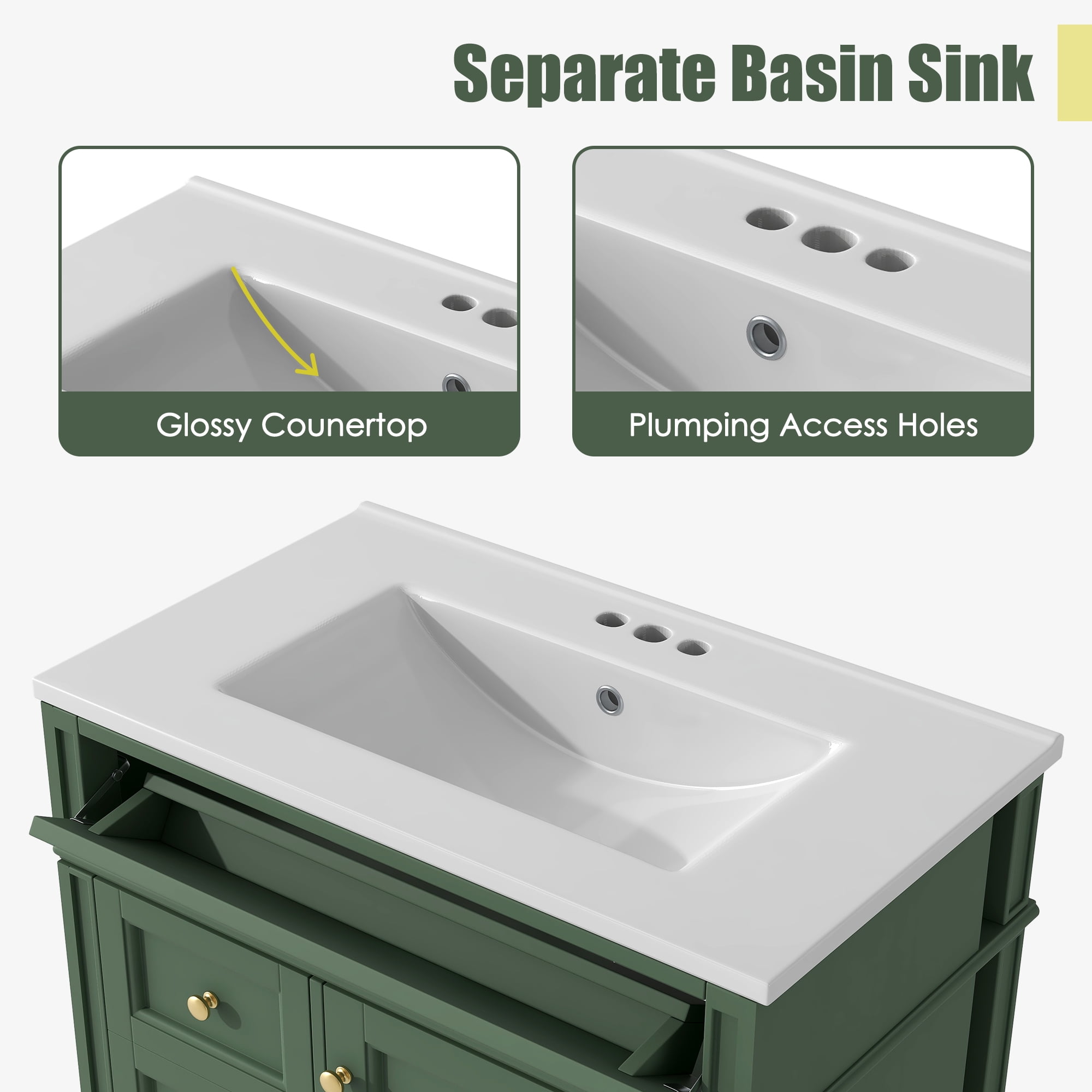 Euroco 30” Bathroom Vanity with Sink, Modern Freestanding Bathroom Cabinet with Tip-Out Drawer, Soft-Close Doors & Shelves, Hidden Storage Organizer