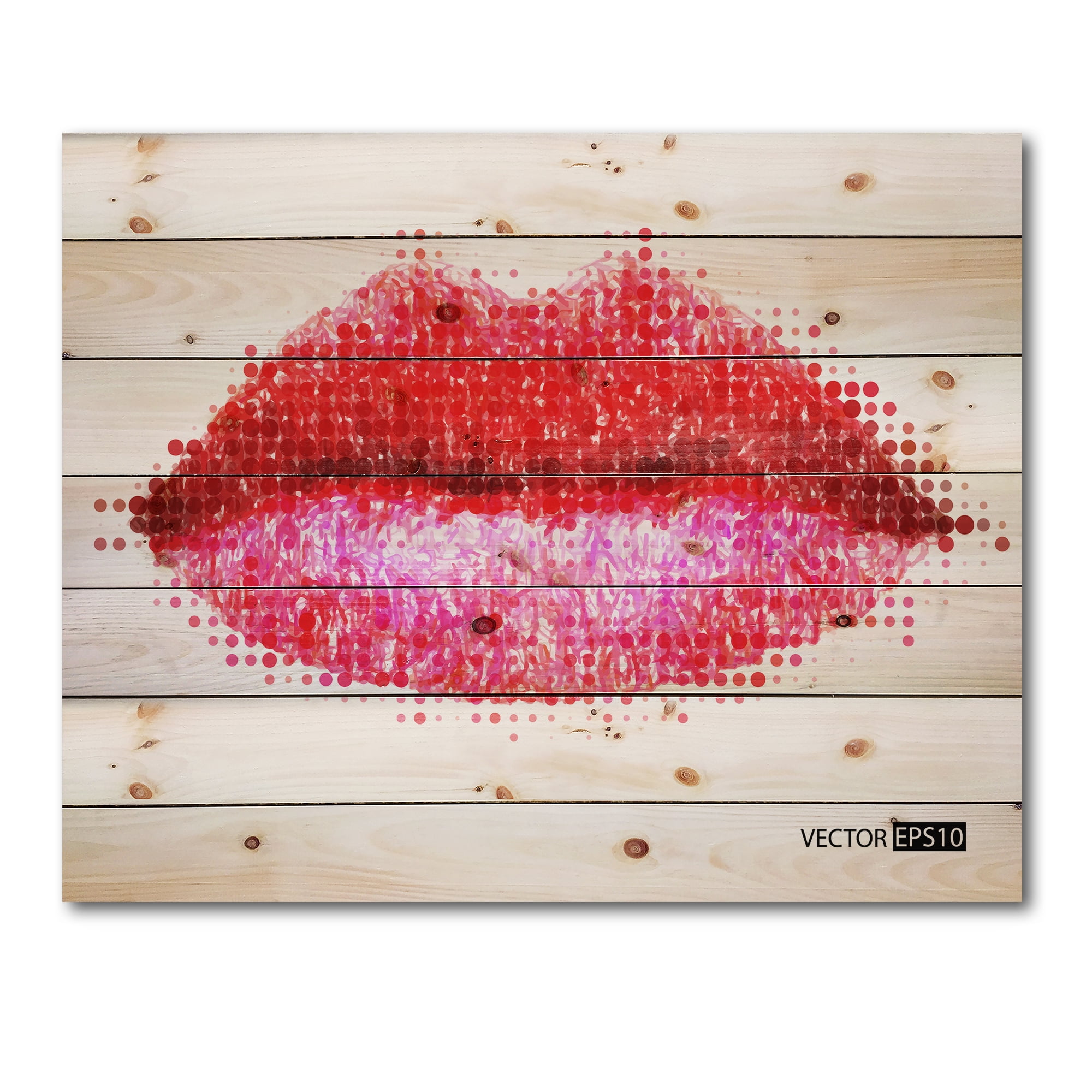 Designart 'Abstract Red Woman Lips in Pixels' Modern Print on Natural Pine Wood