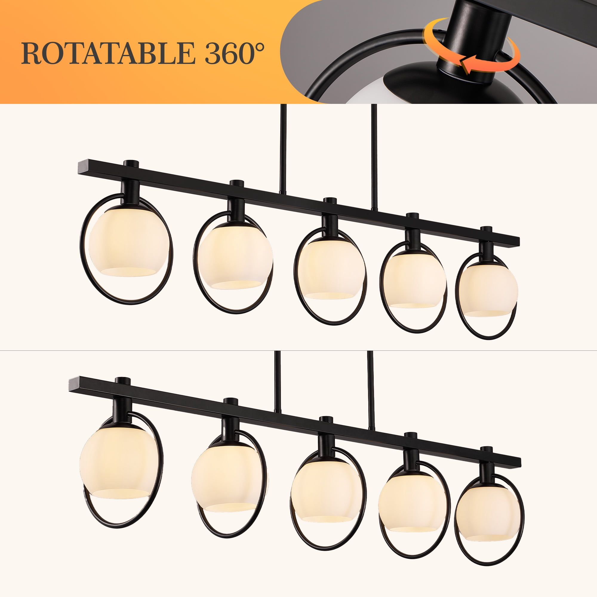 LovingAHome 5-Light Kitchen Island Pendant Light Metal Swivel Bars with Glass Shade Dining Room Light Fixture,Black