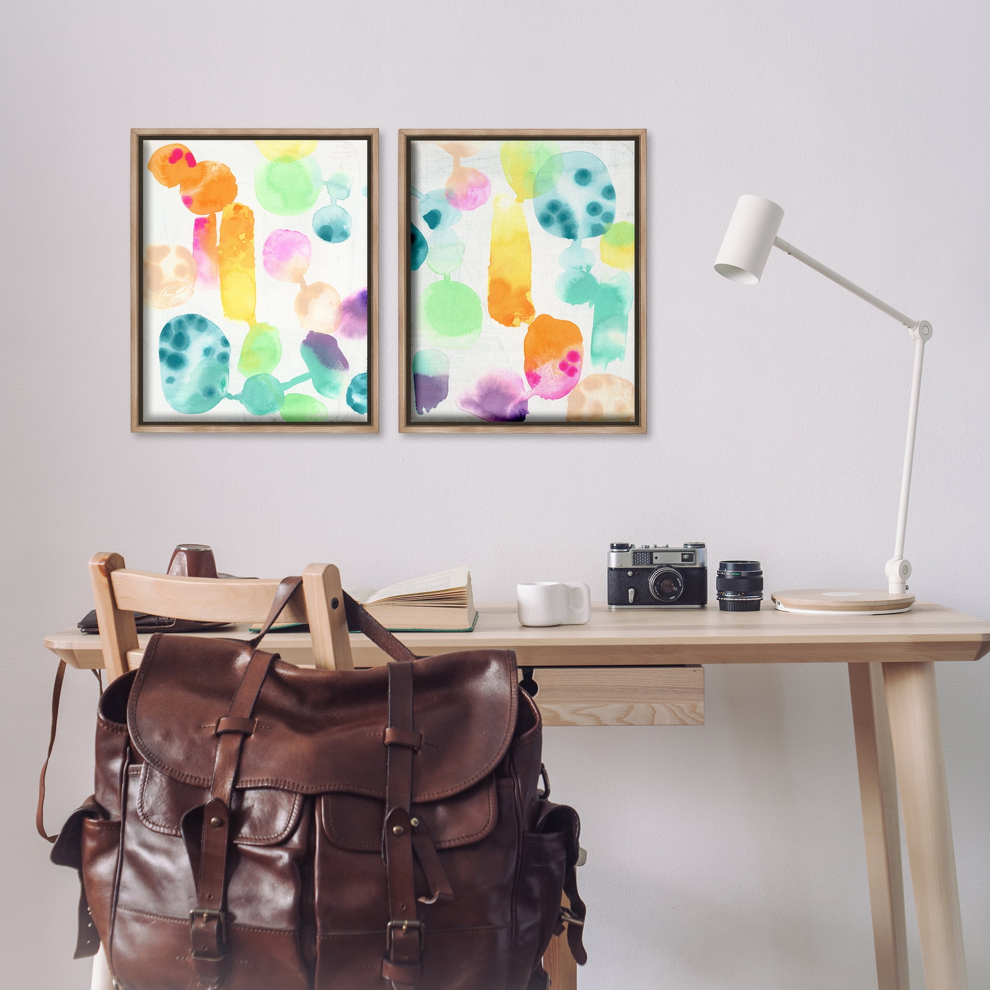 Stupell Industries Neon Colorful Abstract Shapes Abstract Painting Brown Floater Framed Canvas Art Print Wall Art, 17 x 21, Set of 2