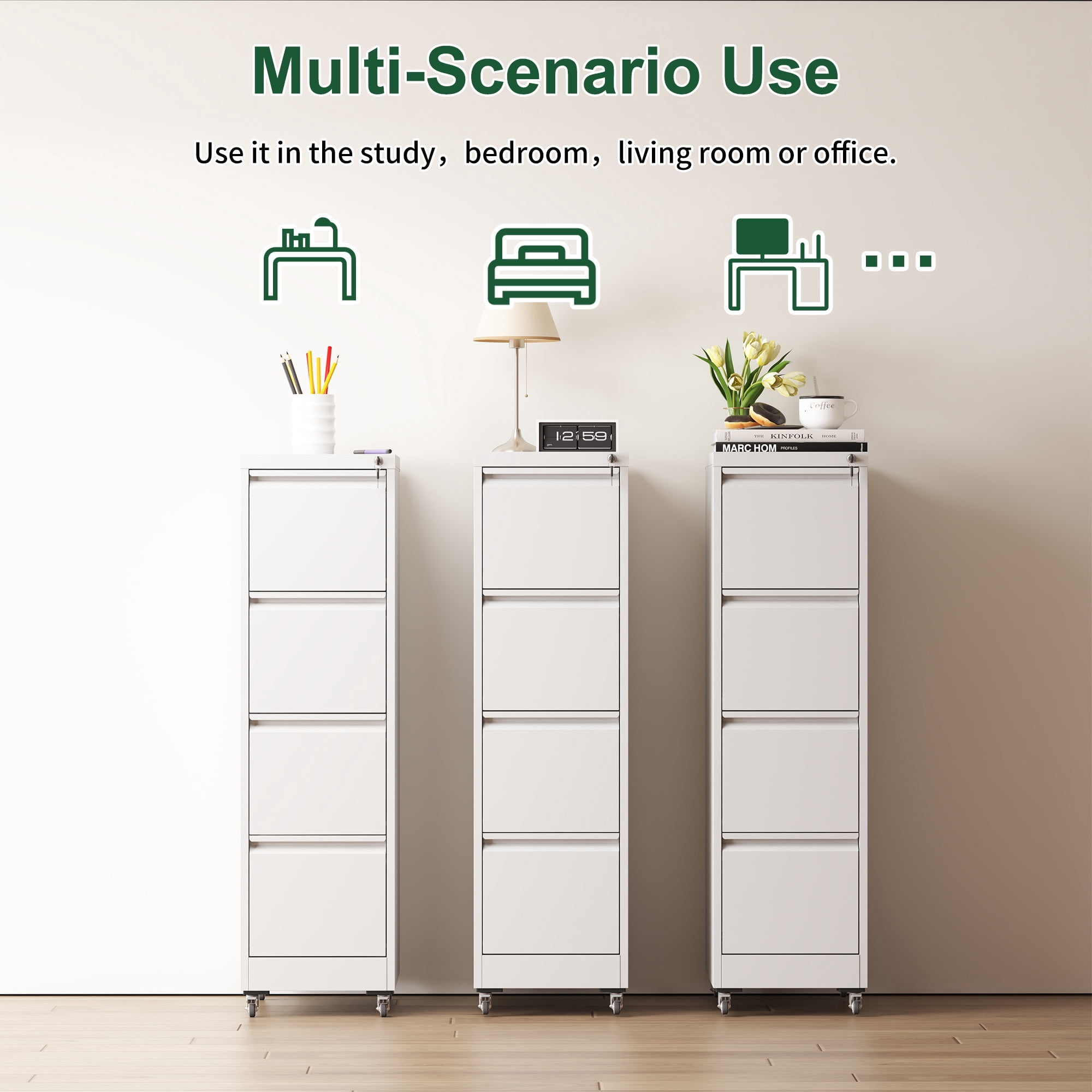 4 Drawer Metal Locking Vertical File Cabinet on Wheels, Heavy-Duty Lockable Cabinet for Home & Office, Black, 17.71"D*15.16"W*52.28"H, White