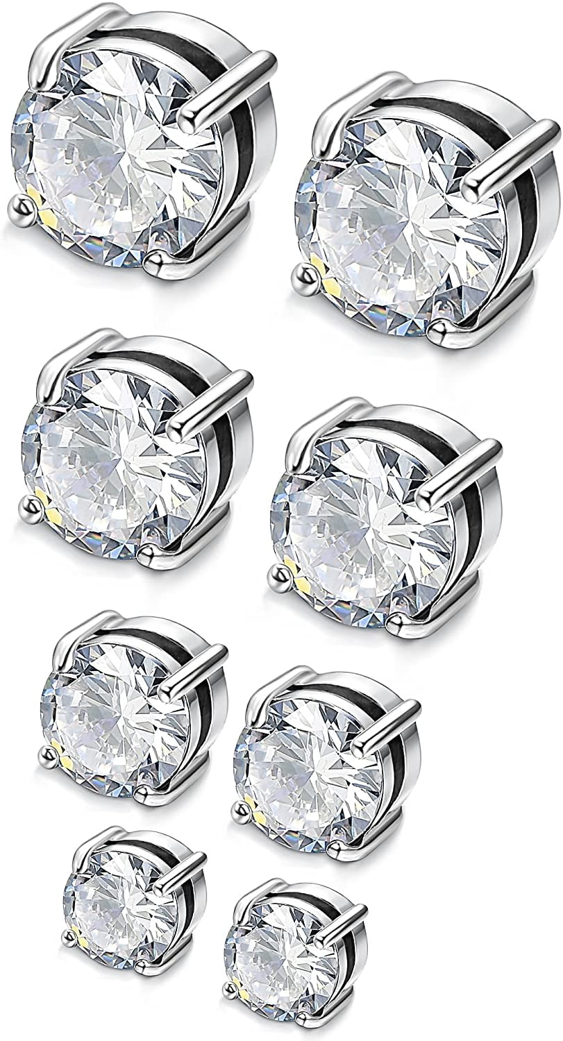 Jstyle 4 Pairs Stainless Steel Mens Womens Magnetic Stud Earrings Non-piercing CZ 4-7mm