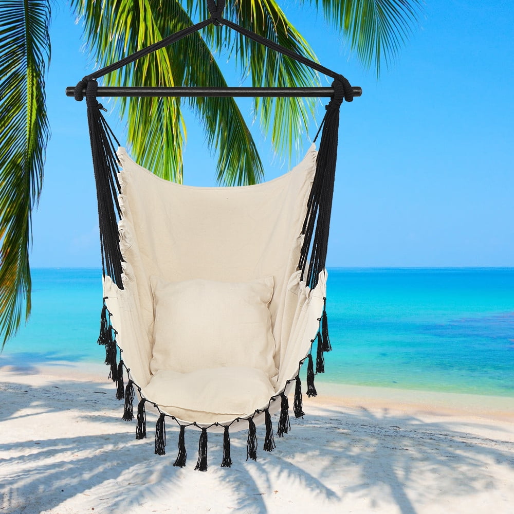 BAYUELSWU Hammock Chair with 2 Cushions, Hanging Rope Rope Swing with Tassel for Indoor/Outdoor, Garden Yard, Backyard, Living Room (Beige)