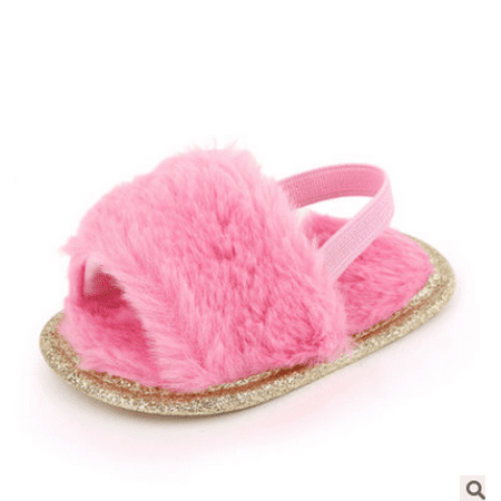 

Spring hue Plush Sandals Soft Sole Faux Fur Flats Prewalker Slippers with Elastic Back Strap