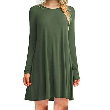 New Women's Loose Solid Color Round Neck Dresses Long-Sleeved Casual ...