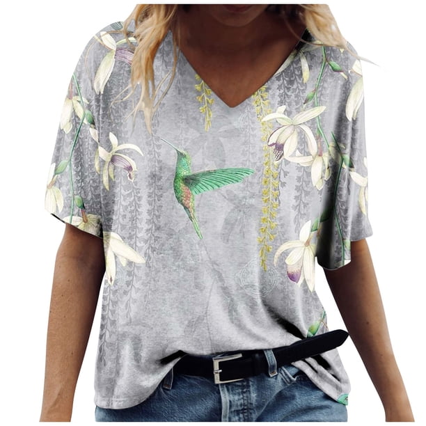 Mujeres moda verano Sexy pliegue impreso regular mujeres manga corta cuello en V botón Top OAVQHLG3B Store lin121212