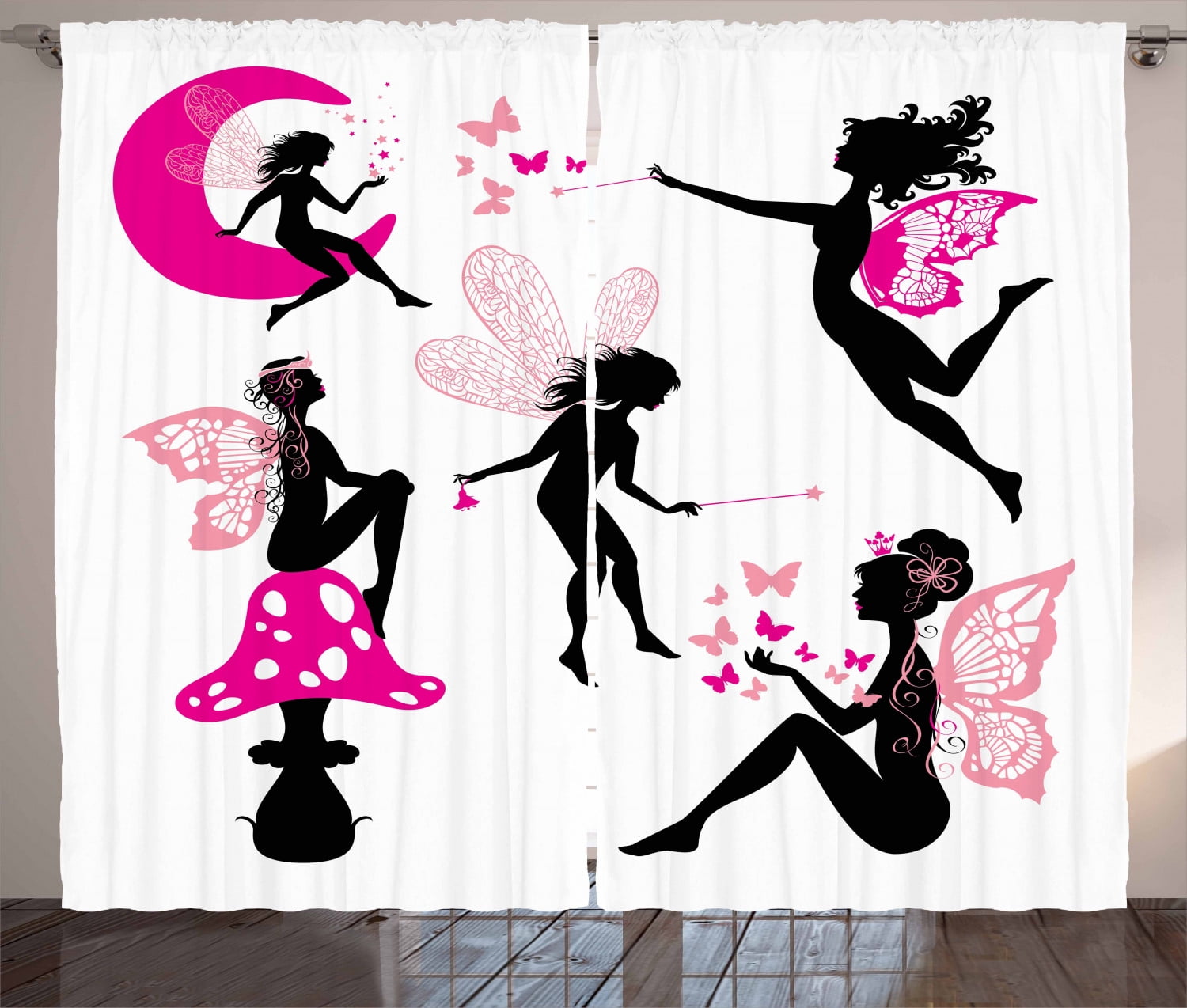 Fairy Curtains 2 Panels Set Girl Silhouettes Sitting On Moon Mushroom Winged Fantastic Dreamy Cartoon Window Drapes For Living Room Bedroom 108w X 108l Inches Hot Pink Rose Black By Ambesonne