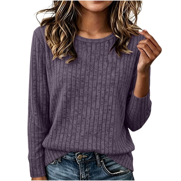 TEAJOPSUU Women's Pullover Sweatshirts Striped Long Sleeve Crew Neck Sweaters Fall Winter Soft Casual Clothes Loose Fit Purple
